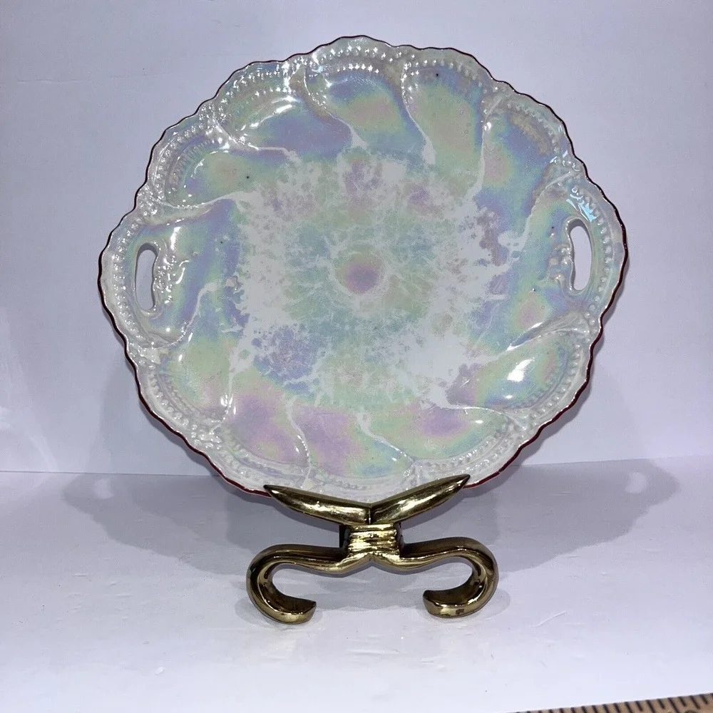 VTG 1920s Pearlescent Leuchtenberg Handled Cake Plate Made in‎ Germany Scalloped